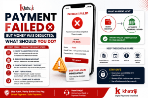 Payment failed but money was deducted from a bank account, showing a failed digital payment, refund and transaction support concept for Khatriji users.