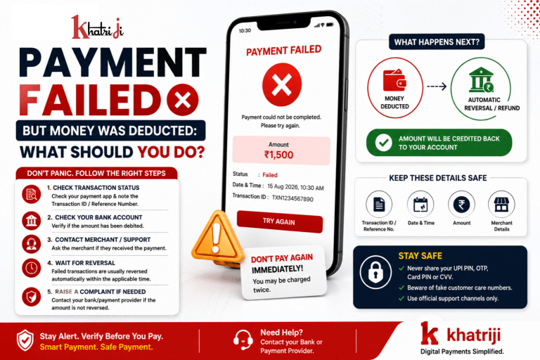 Payment failed but money was deducted from a bank account, showing a failed digital payment, refund and transaction support concept for Khatriji users.