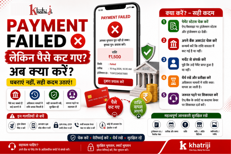 Payment Failed होने के बाद bank account से पैसे कटने और refund या reversal की प्रक्रिया दिखाती Khatriji digital payment awareness image