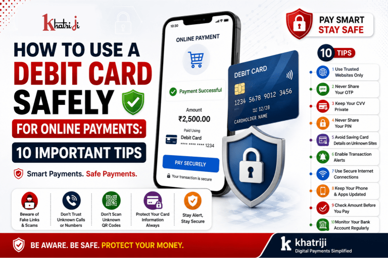 10 important debit card safety tips for secure online payments, including OTP, CVV, PIN protection and fraud prevention by Khatriji.