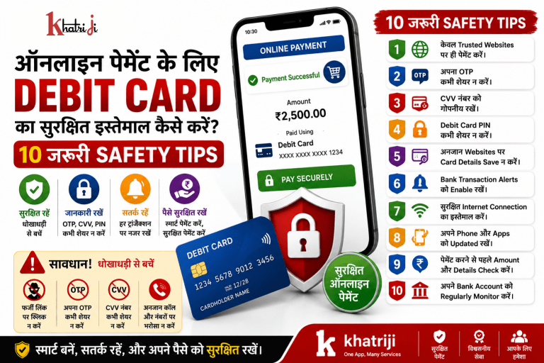 ऑनलाइन पेमेंट के लिए Debit Card को सुरक्षित तरीके से इस्तेमाल करने के 10 जरूरी tips, जिसमें OTP, CVV, PIN और payment fraud से बचाव दिखाया गया है।