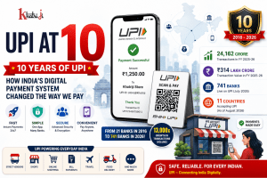 UPI completes 10 years in India, showing a smartphone making a QR code payment and the growth of India's digital payment revolution.