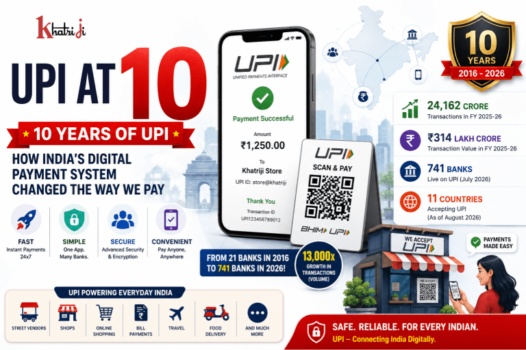 UPI completes 10 years in India, showing a smartphone making a QR code payment and the growth of India's digital payment revolution.