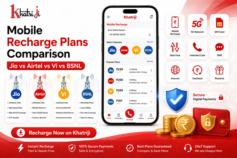 Comparison of Jio, Airtel, Vi, and BSNL mobile recharge plans using the Khatriji App.