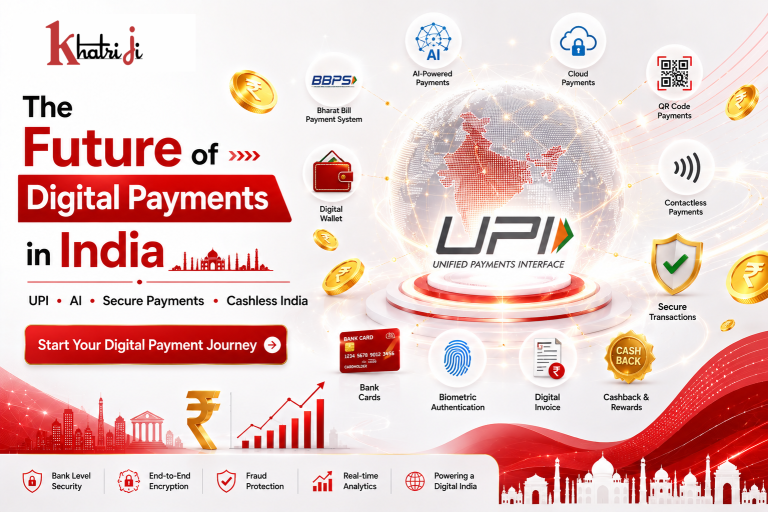 The future of digital payments in India featuring UPI, BBPS, AI-powered payments, secure digital transactions, and the Khatriji digital payment platform.
