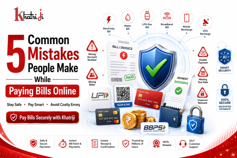 Avoid common online bill payment mistakes with Khatriji. Learn how to pay electricity, mobile, DTH, FASTag, LPG, and other utility bills securely using safe digital payment methods.
