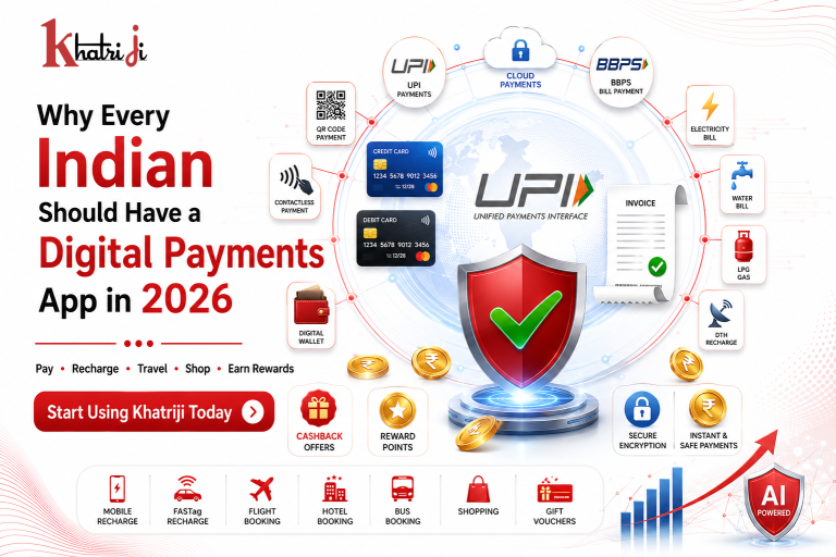 Why every Indian should use a digital payments app in 2026 for secure UPI payments, bill payments, recharges, shopping, travel bookings, and rewards with Khatriji.
