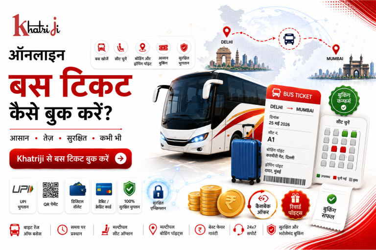भारत में Khatriji से ऑनलाइन बस टिकट बुक करने की प्रक्रिया, जिसमें बस खोज, सीट चयन, सुरक्षित डिजिटल भुगतान, Boarding Point और Booking Confirmation दिखाई गई है।