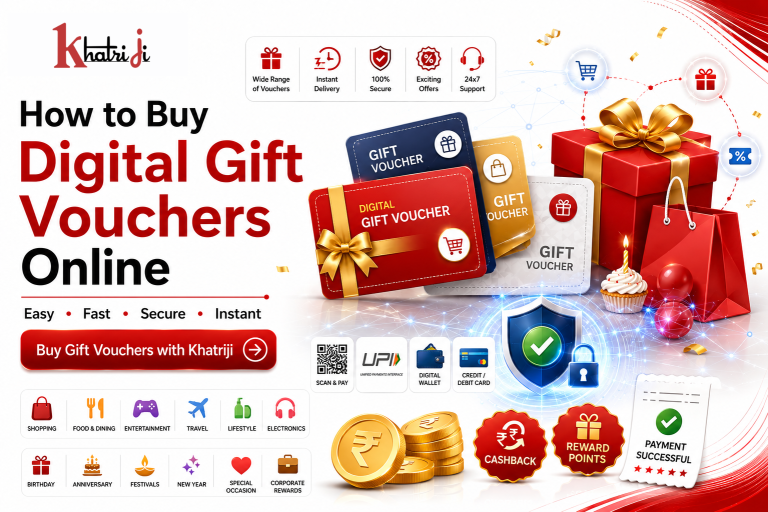 How to buy digital gift vouchers online in India with Khatriji, featuring digital gift cards, secure payments, instant voucher delivery, cashback and rewards.
