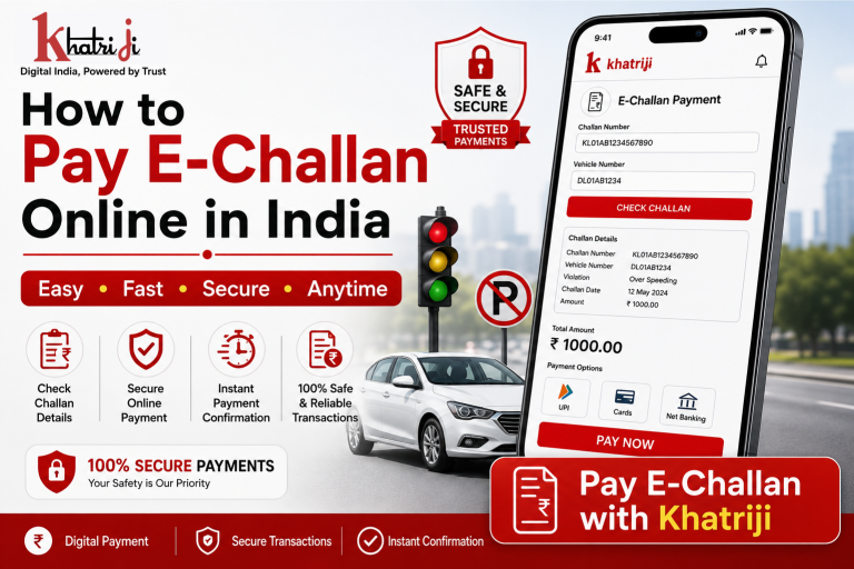 How to pay e-challan online in India with Khatriji, showing digital challan payment, traffic fine verification, secure online payment and transaction confirmation.