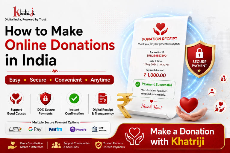 How to make an online donation in India with Khatriji, showing digital donation payment, donation receipt, secure transactions and convenient online contribution.