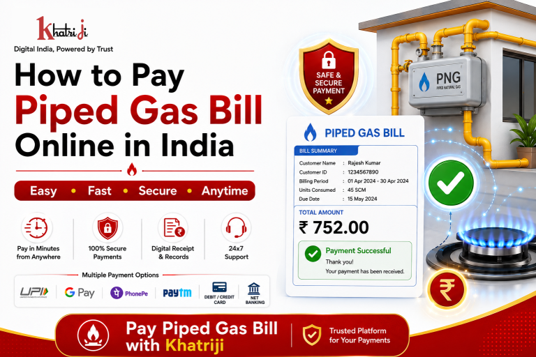 How to pay Piped Gas Bill online in India with Khatriji, showing PNG gas connection, digital bill, secure payment, UPI and payment confirmation.