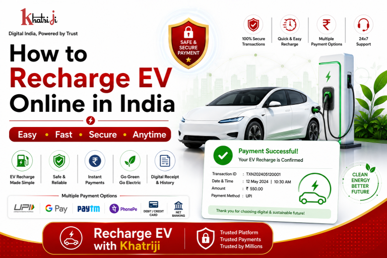 How to recharge an electric vehicle online in India with Khatriji, showing an EV charging station, electric vehicle, digital payment, secure transaction and recharge confirmation.