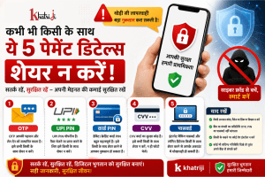 Khatriji की payment security जानकारी, जिसमें OTP, UPI PIN, debit या credit card PIN, CVV और internet banking password को किसी के साथ साझा न करने की सलाह दी गई है।