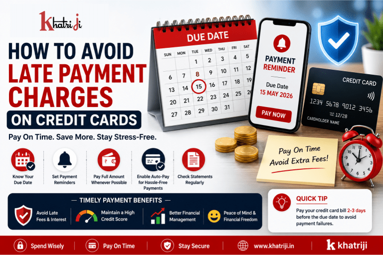 How to avoid late payment charges on credit cards with due-date reminders, timely bill payment, auto-pay, statement checking and secure digital payment tips from Khatriji.