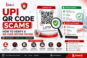 UPI QR code scam prevention showing how to verify the beneficiary name, payment amount and QR code before making a digital payment with Khatriji.