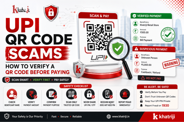UPI QR code scam prevention showing how to verify the beneficiary name, payment amount and QR code before making a digital payment with Khatriji.