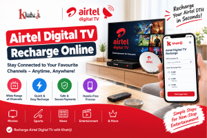 Airtel Digital TV Recharge Online with Khatriji, showing a television and DTH recharge payment guide