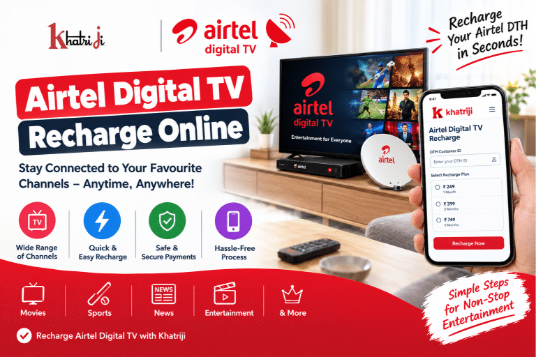 Airtel Digital TV Recharge Online with Khatriji, showing a television and DTH recharge payment guide
