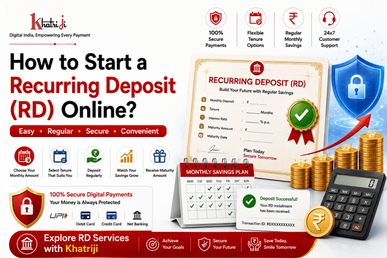 How to start a Recurring Deposit online in India, showing monthly savings, RD account, secure digital payment, maturity planning and financial goal management with Khatriji.