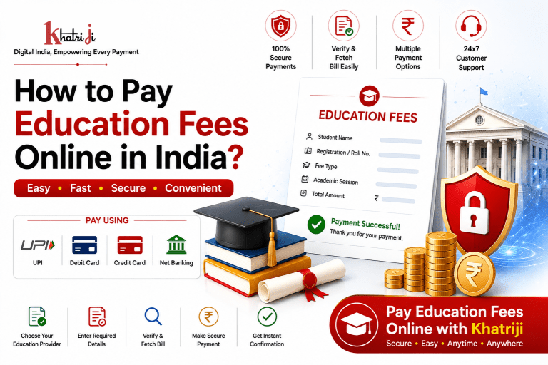 How to pay education fees online in India with Khatriji, showing education fee payment, student details, bill verification, secure digital payment, UPI, debit card, credit card, payment confirmation and education services.