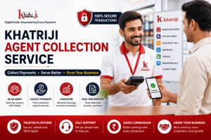 Khatriji Agent Collection Service for secure digital payment collection, showing a Khatriji agent assisting a customer with payment confirmation, customer payment collection, real-time transaction reports, multiple bill payment services and business growth.