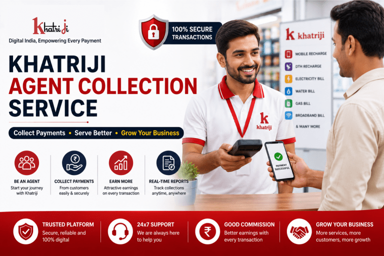 Khatriji Agent Collection Service for secure digital payment collection, showing a Khatriji agent assisting a customer with payment confirmation, customer payment collection, real-time transaction reports, multiple bill payment services and business growth.