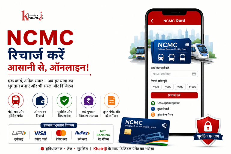 How to recharge an NCMC card online in India with Khatriji, featuring an NCMC card, metro and bus travel, secure digital payment and recharge confirmation.