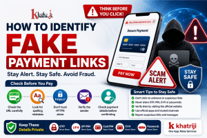 How to identify fake payment links in India with Khatriji, showing suspicious URL warning signs, secure payment verification, fraud prevention shield and digital payment safety.