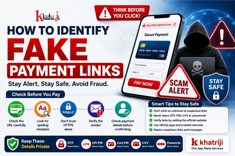 How to identify fake payment links in India with Khatriji, showing suspicious URL warning signs, secure payment verification, fraud prevention shield and digital payment safety.