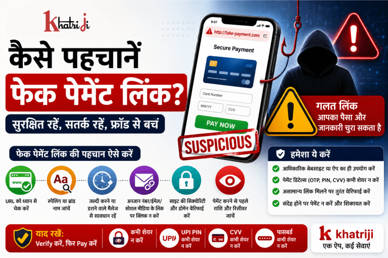 Khatriji के साथ Fake Payment Link की पहचान करने की जानकारी, जिसमें suspicious URL, payment scam warning, secure payment verification और digital payment safety tips दिखाए गए हैं।