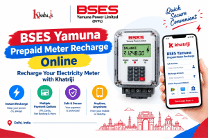 BSES Yamuna prepaid meter recharge online with Khatriji, showing a prepaid electricity meter and a smartphone recharge interface.