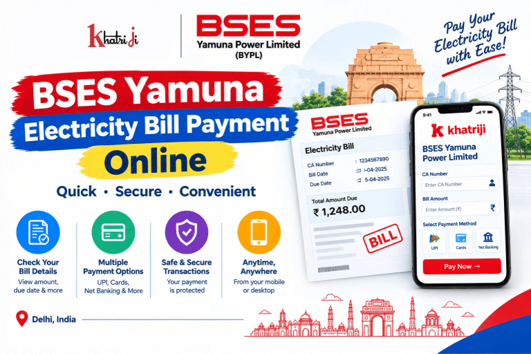 BSES Yamuna electricity bill payment online with Khatriji, featuring a sample electricity bill and mobile payment interface.