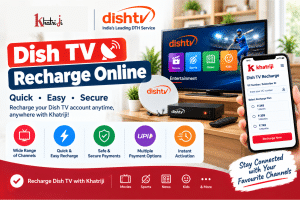 Dish TV Recharge Online with Khatriji, showing a television, satellite dish, set-top box and smartphone with a DTH recharge interface.