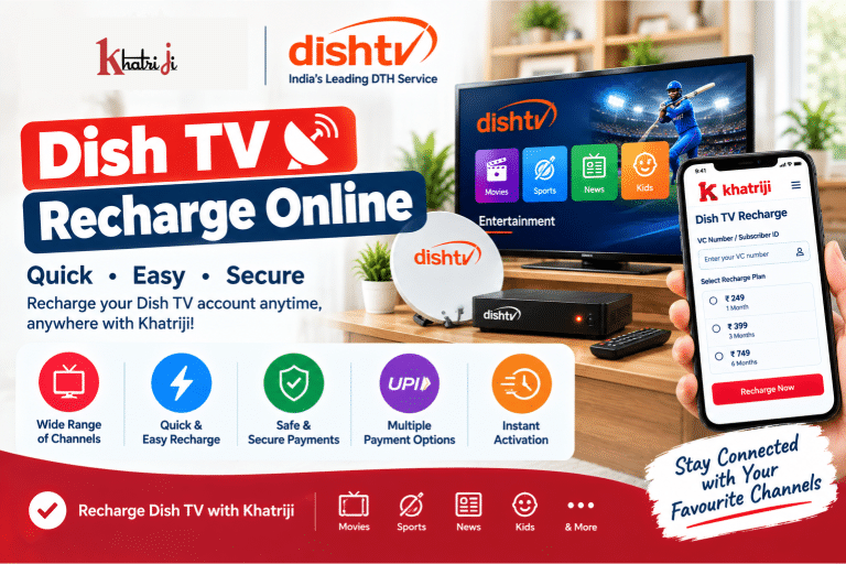 Dish TV Recharge Online with Khatriji, showing a television, satellite dish, set-top box and smartphone with a DTH recharge interface.