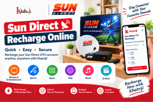 Sun Direct Recharge Online with Khatriji, showing a television, satellite dish, set-top box and smartphone displaying a DTH recharge interface.