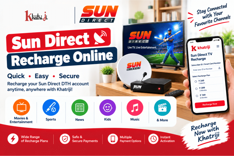 Sun Direct Recharge Online with Khatriji, showing a television, satellite dish, set-top box and smartphone displaying a DTH recharge interface.