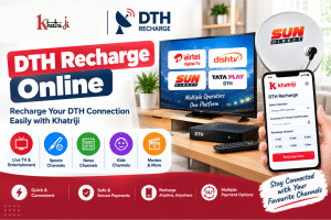 DTH Recharge Online with Khatriji showing a television, satellite dish, set-top box and smartphone with an online DTH recharge interface.