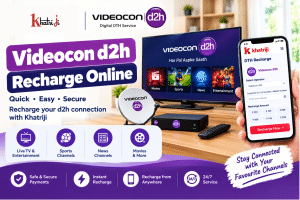 Videocon d2h Recharge Online with Khatriji, showing a television, satellite dish, d2h set-top box and smartphone with an online DTH recharge interface.