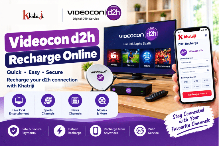 Videocon d2h Recharge Online with Khatriji, showing a television, satellite dish, d2h set-top box and smartphone with an online DTH recharge interface.