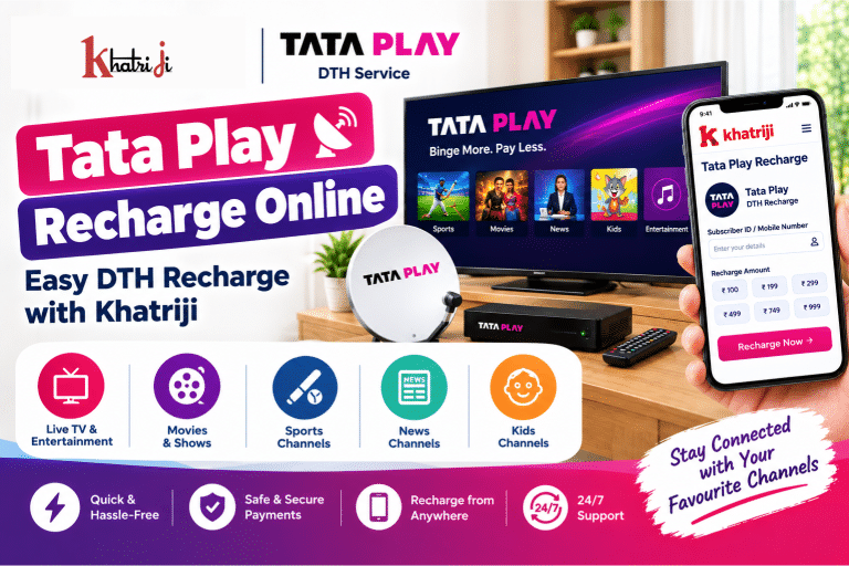Tata Play Recharge Online with Khatriji showing a television, satellite dish, Tata Play set-top box and smartphone with an online DTH recharge interface.