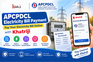 APCPDCL Electricity Bill Payment Online with Khatriji, showing an electricity meter, power lines, smartphone and online bill payment interface.