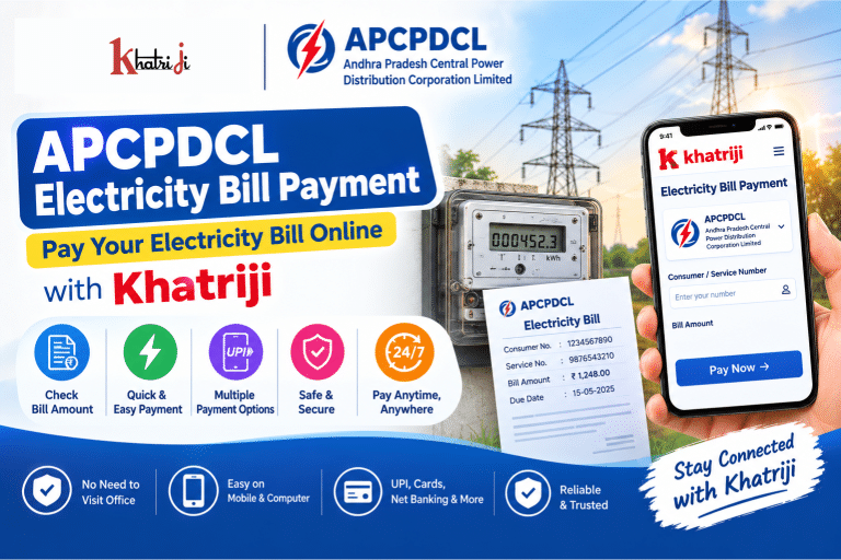 APCPDCL Electricity Bill Payment Online with Khatriji, showing an electricity meter, power lines, smartphone and online bill payment interface.