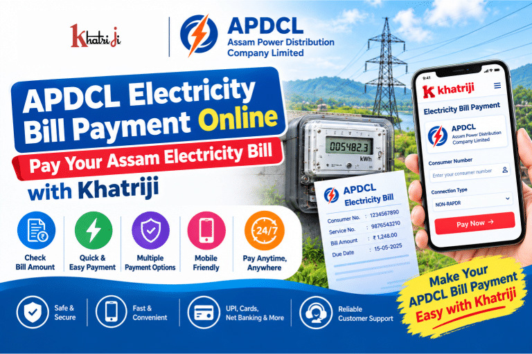 APDCL Electricity Bill Payment Online with Khatriji, showing an electricity meter, Assam power infrastructure, electricity bill and smartphone payment interface.