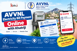 AVVNL Electricity Bill Payment Online with Khatriji, showing an electricity meter, Rajasthan power infrastructure, electricity bill and smartphone payment interface.
