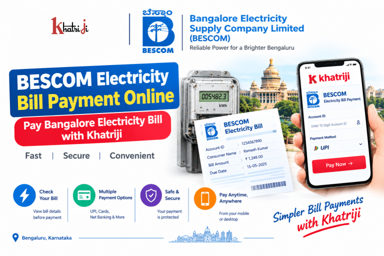 BESCOM Electricity Bill Payment Online with Khatriji, showing a Bengaluru electricity meter, power infrastructure, electricity bill and smartphone payment interface.