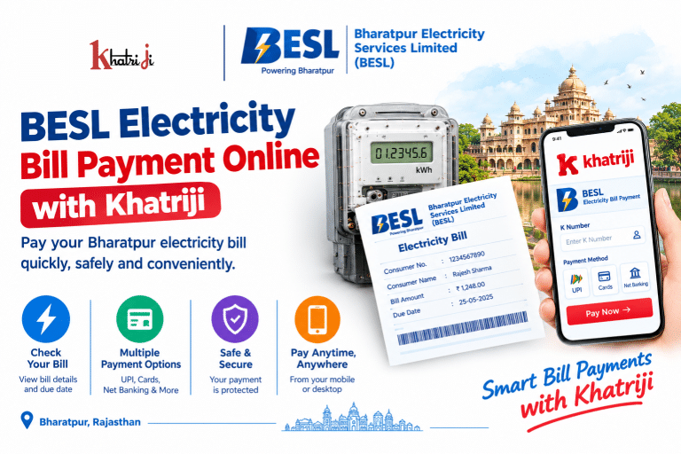 BESL Electricity Bill Payment Online with Khatriji, showing an electricity meter, Bharatpur electricity bill, and smartphone payment interface.