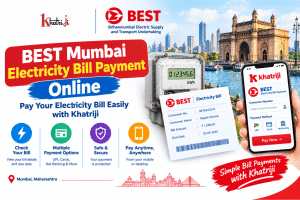 BEST Mumbai Electricity Bill Payment Online with Khatriji, showing an electricity meter, electricity bill, and smartphone payment interface.