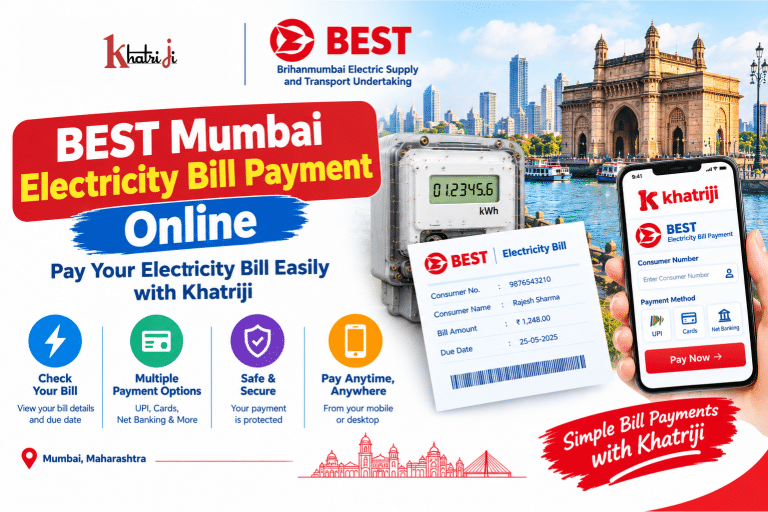 BEST Mumbai Electricity Bill Payment Online with Khatriji, showing an electricity meter, electricity bill, and smartphone payment interface.