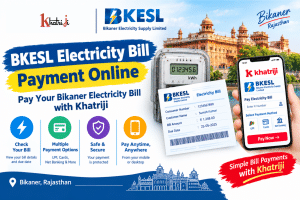 BKESL Electricity Bill Payment Online with Khatriji, showing an electricity meter, electricity bill, Bikaner city elements and a smartphone payment interface.